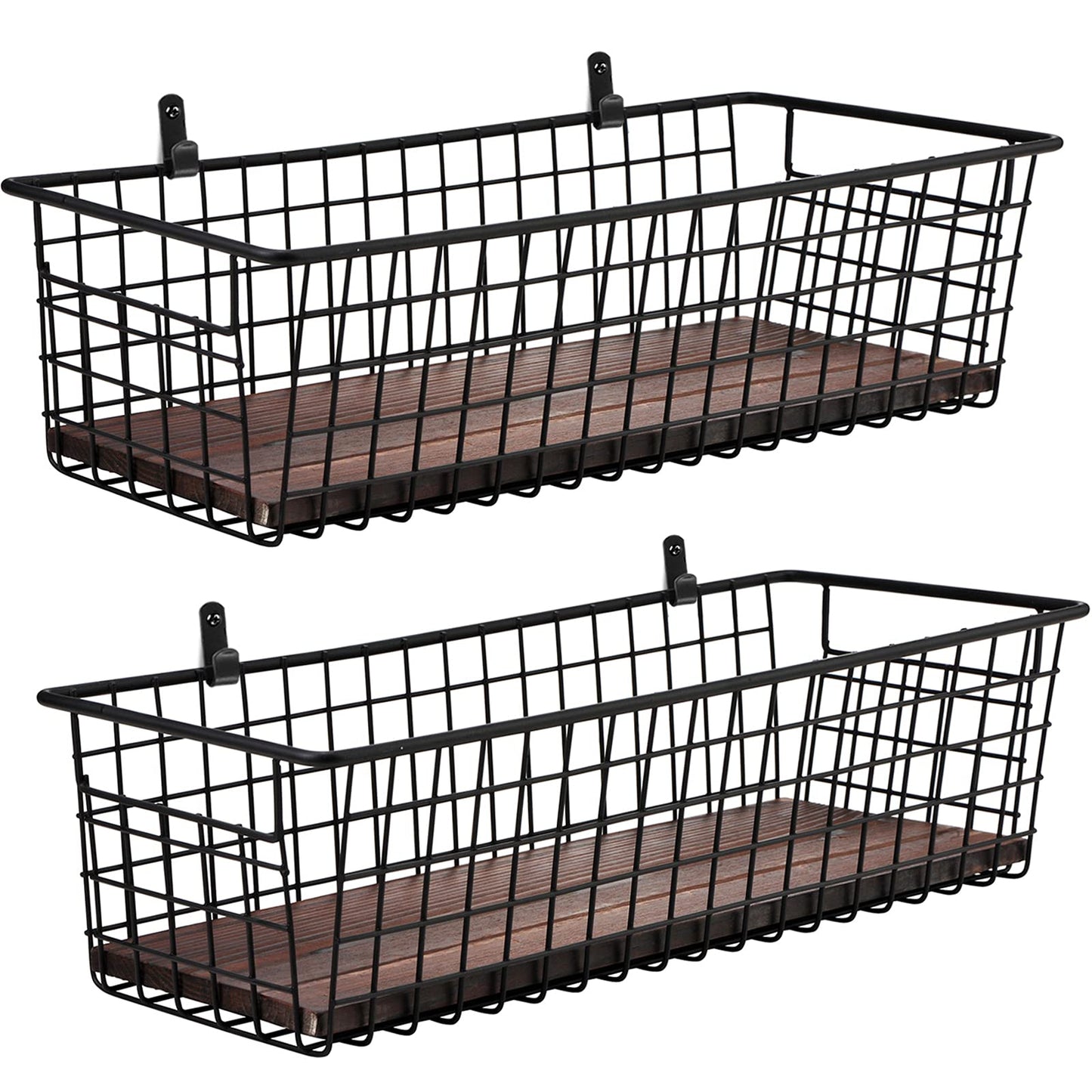SheeChung 2 Set [Extra Large] Portable Metal Farmhouse Wall Decor Storage Organizer Basket Bin with Handles & Floating Shelves for Hanging in Bathroom,Kitchen,Office-Wall Mount Hooks (2, Black)