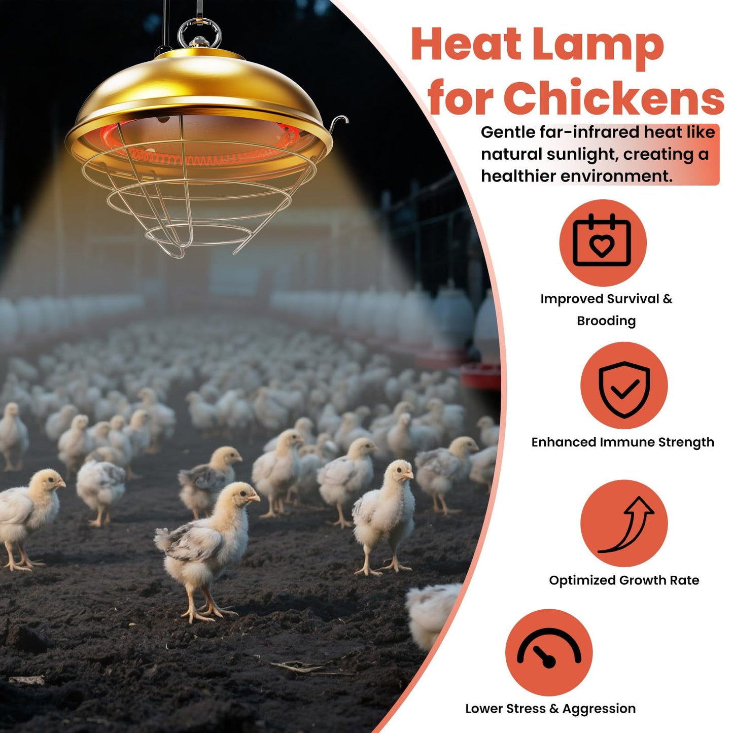 Heat Lamp for Chickens, 170W & 350W Adjustable Heating Temperature and Hanging Height, Chicken Coop Heater, Brooder Lamp, Carbon Fiber Heating Lamp for Chicks, Ducks, Rabbits, Cats, Dogs, Livestocks