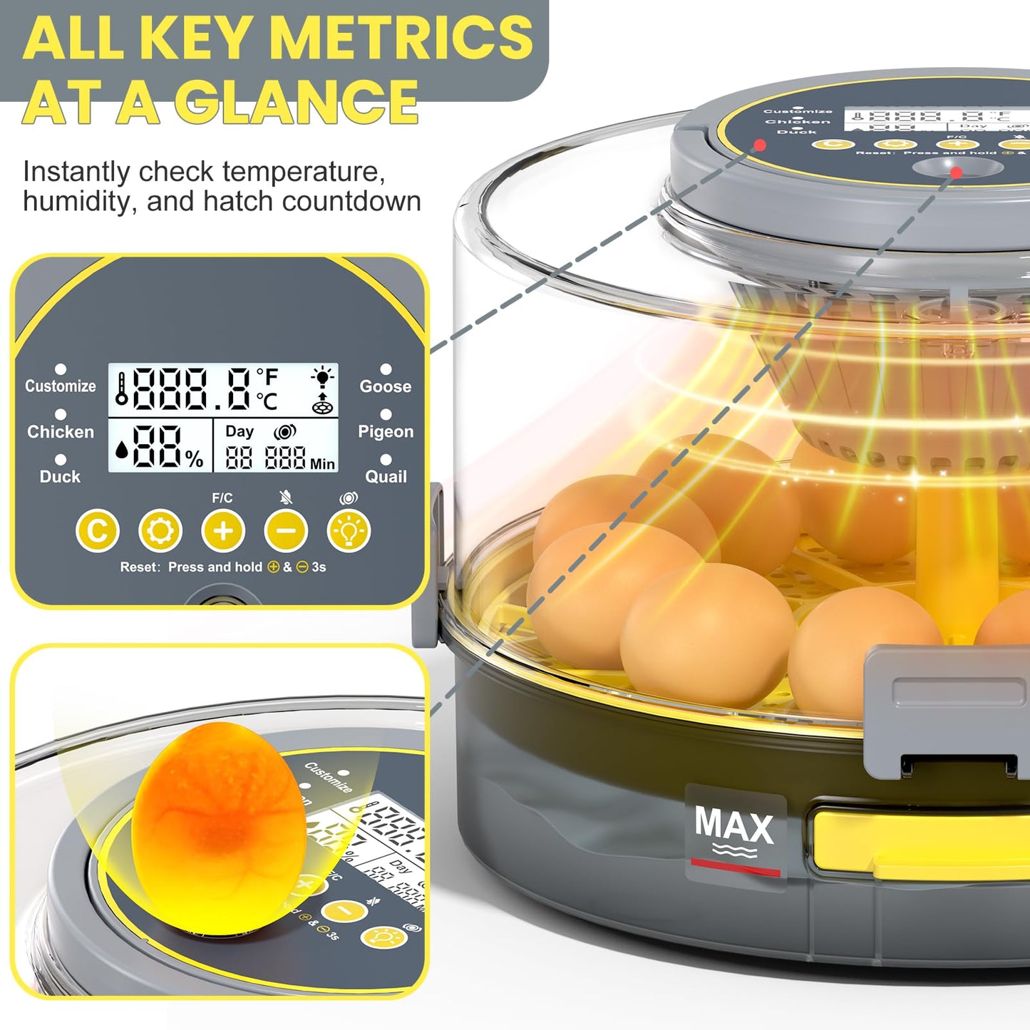 Incubators for Hatching Eggs with Automatic Egg Turner, Temperature Humidity Control, Egg Candler, Large Water Tank, 5 Preset Hatching Modes for Chicken Duck Goose Quail Pigeon Eggs-12 Capacity