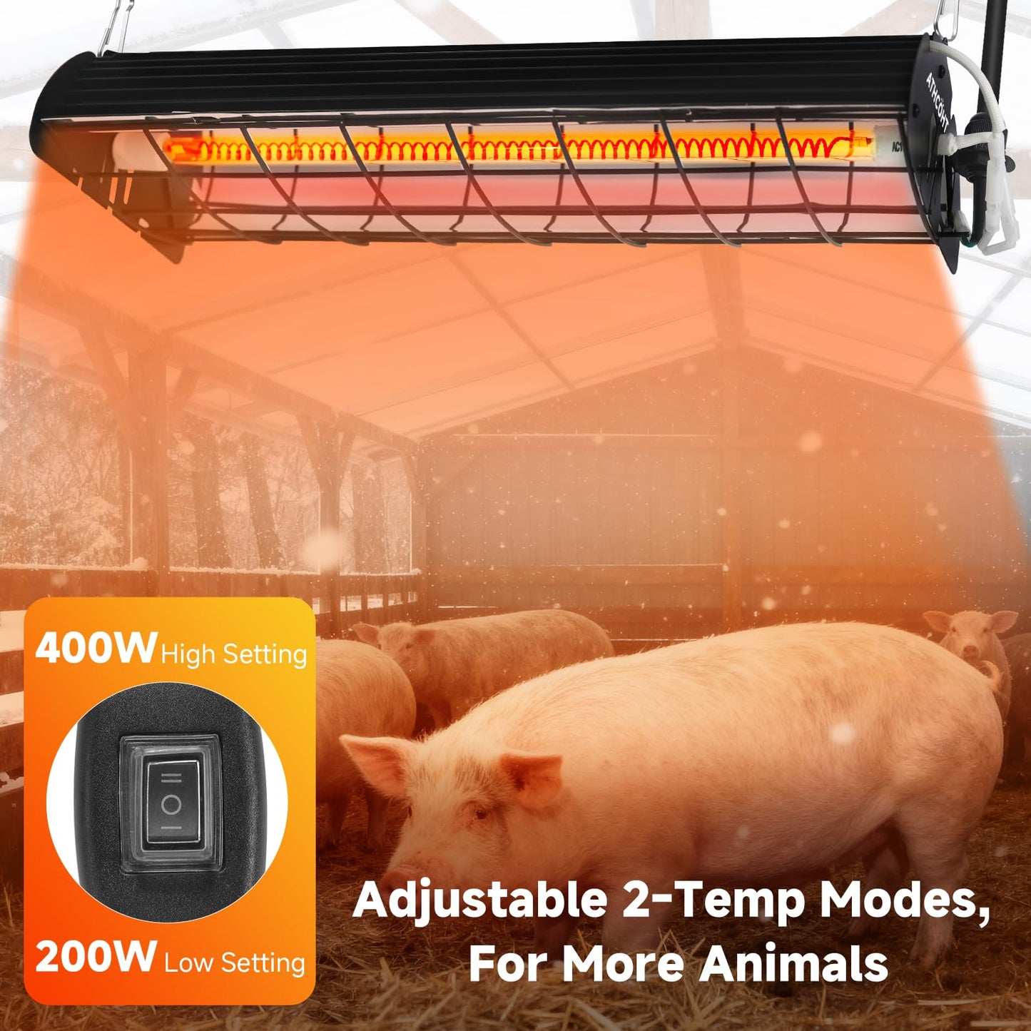Large Chicken Coop Heater Lamp, 400W Carbon Fiber Heating Plate, Adjustable Temperature & Height, Safe Overheat Protection, Ideal for Poultry, Chicks, Livestock & Pets