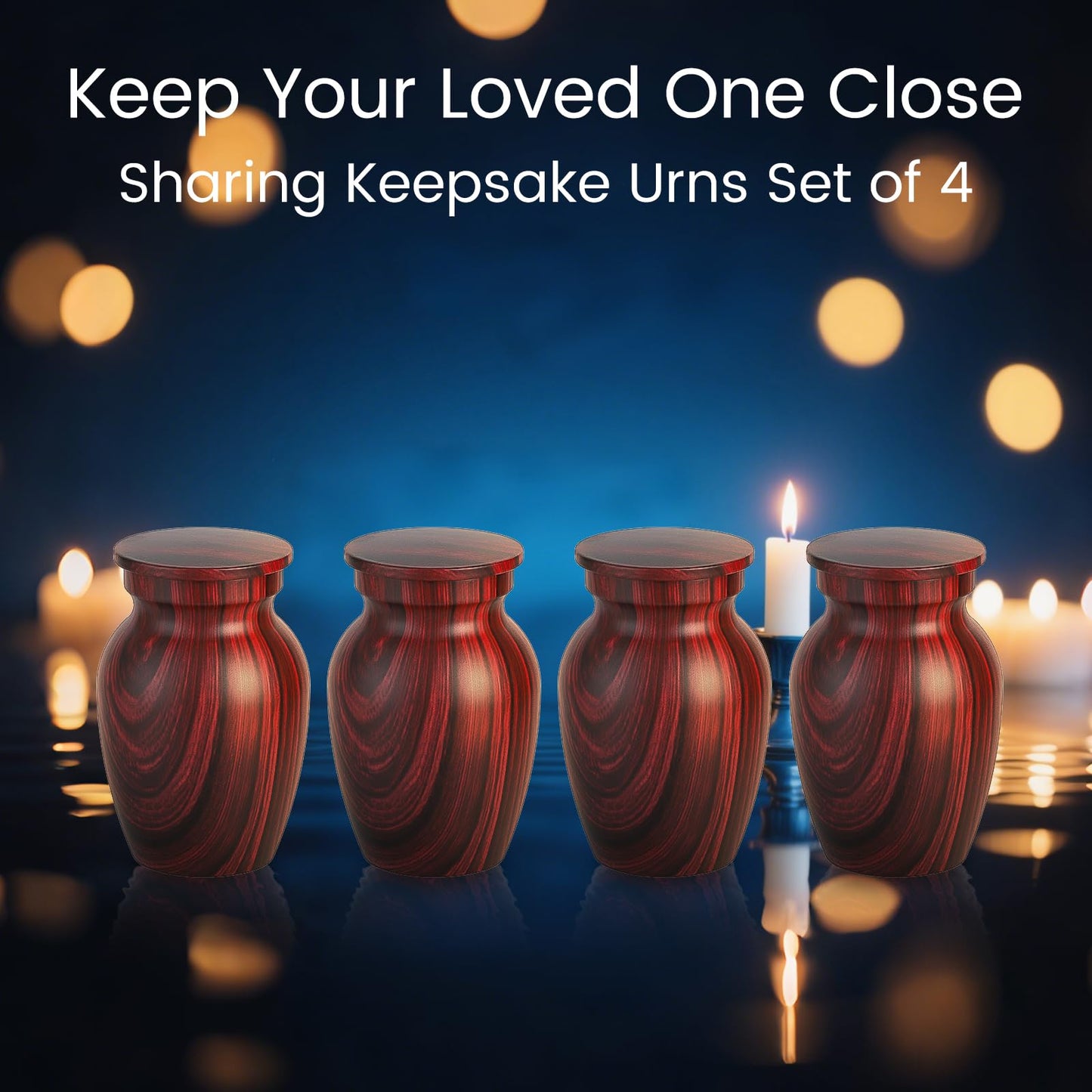 Small Urns for Human Ashes, Red Rosewood Grain Finish Metal Keepsake Mini Urn Set of 4, Handcrafted Sharing Memorial Decorative Urn - Recycled Cast Aluminum
