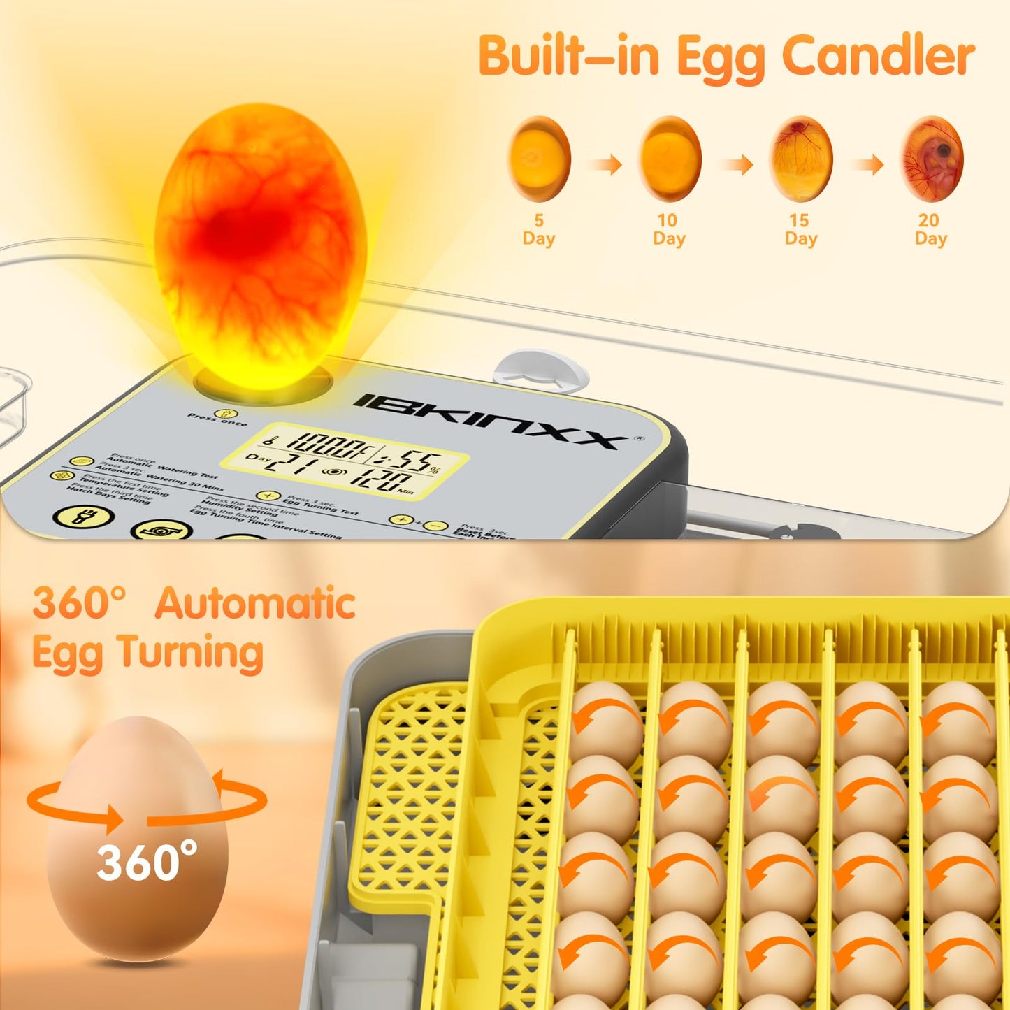 IBKINXX Incubator for Hatching Eggs-48 Egg Capacity, Auto Egg Turner & New Auto Precision Humidity Control System, 360° Clear Viewing for Chicken, Duck and Quail Eggs
