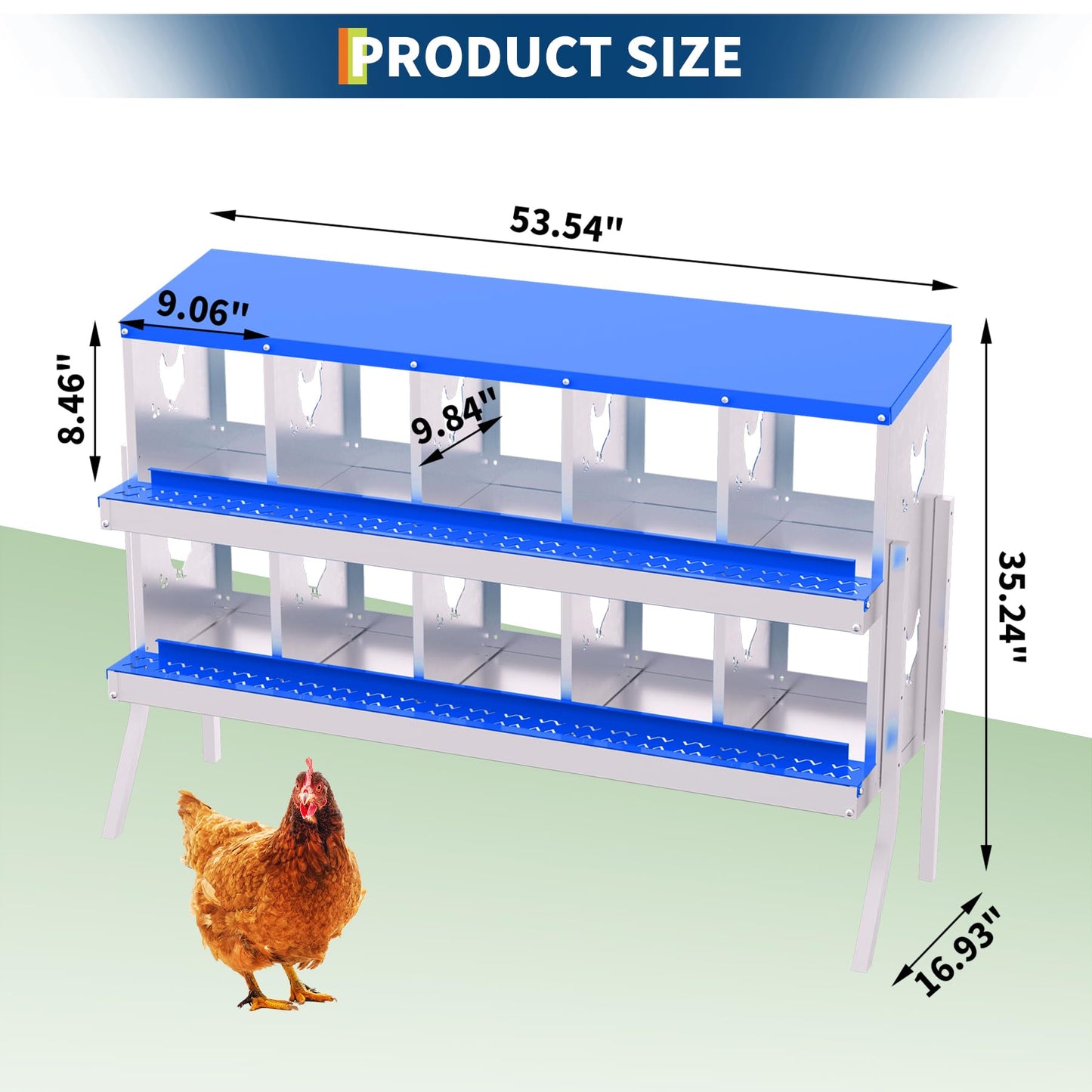 Garvee Chicken Nesting Box with Removable Tray, 10 Compartment Nesting Boxes for Chickens, Easy to Clean and Install, Chicken Laying Boxes for Chicken Coop to Protect Eggs - with Bracket Legs, Blue
