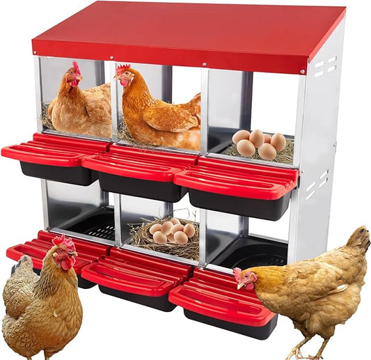 6 Hole Chicken Nesting Box - Heavy Duty Red Metal Roll Away Egg Laying Box for Hens with Perch & Ventilation - Wall Mount Poultry Coop Nest Box with Removable Tray