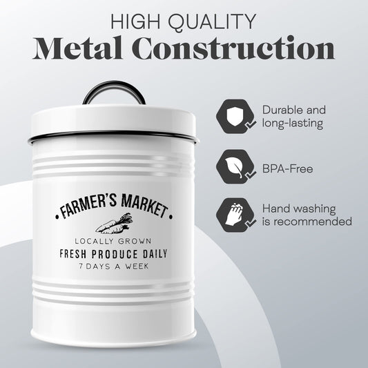 Amici Home Farmers Market Metal Canister | Dry Food Storage Container | Airtight Lid | 76 Ounce Capacity | Farmhouse Décor | Metal Canister for Kitchen Countertop