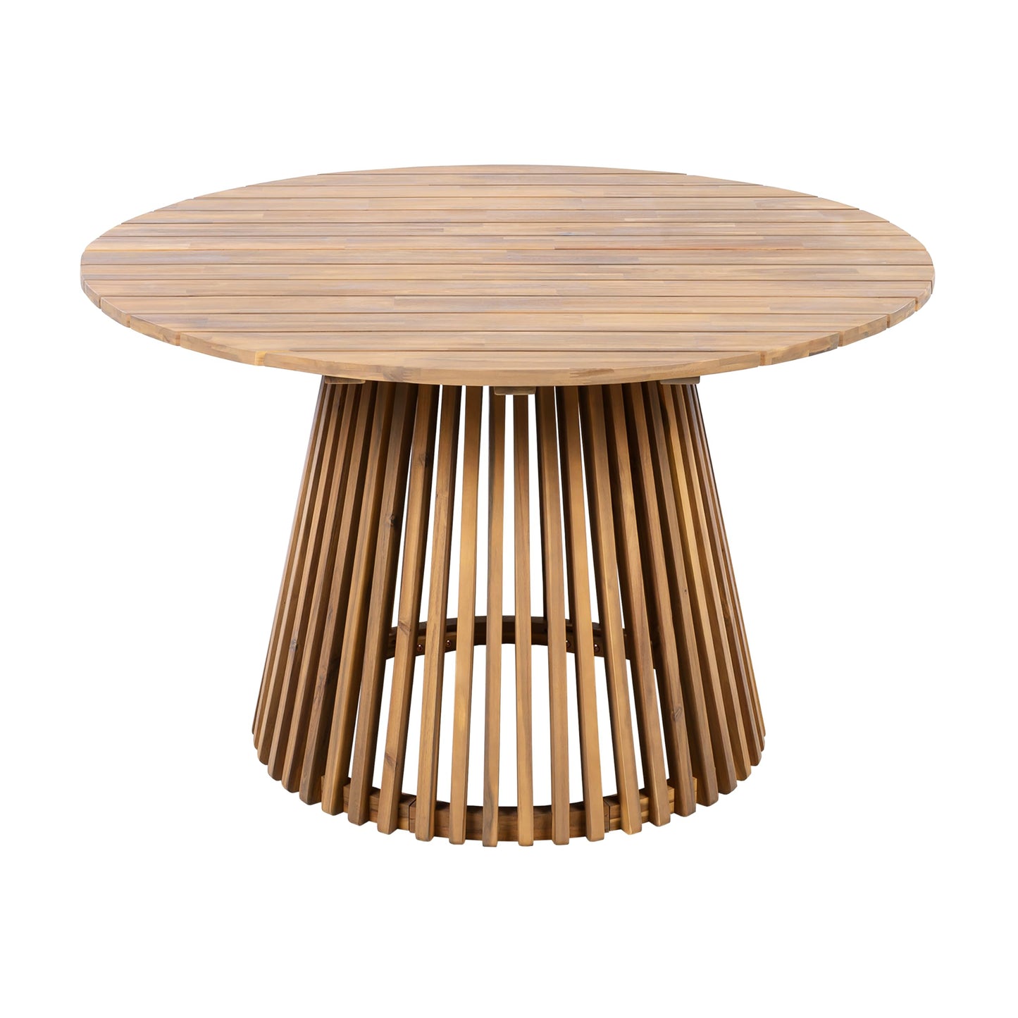 Christopher Knight Home Briar Farmhouse Acacia Wood Round Dining Table, Patio Dining Room Table with Unique Wooden Base for Backyard/Garden, Slatted Design Outdoor Dining Table, Light Teak