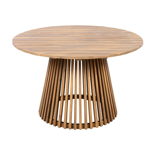 Christopher Knight Home Briar Farmhouse Acacia Wood Round Dining Table, Patio Dining Room Table with Unique Wooden Base for Backyard/Garden, Slatted Design Outdoor Dining Table, Light Teak