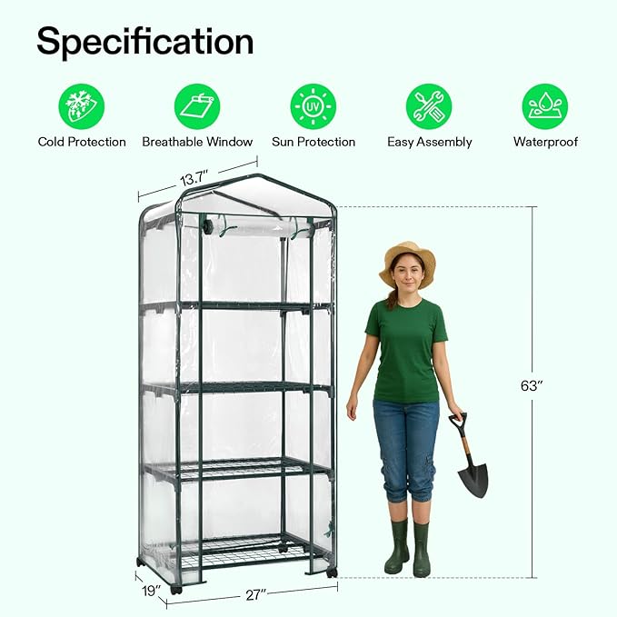 VIVOSUN Mini 4-Tier Greenhouse with Wheels, 27 x 19 x 63-Inch Reusable Portable Warm House with Clear PVC Cover and Shelf for Compact Garden and Small Backyards, with Wheels