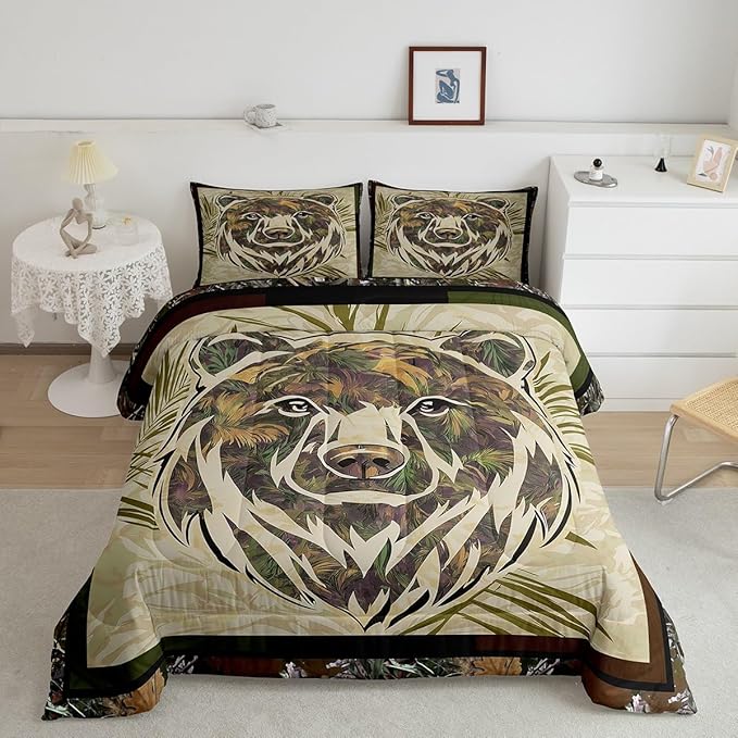 Rustic Bear Comforter Set Full Hunting Camo Bedding Set For Boys Adults Men,Camouflage Woodland Animal Bedding Comforters For Farmhouse Cabin Lodge,Nature Conifer Oak Branches Quilt 2 Pillow Cases