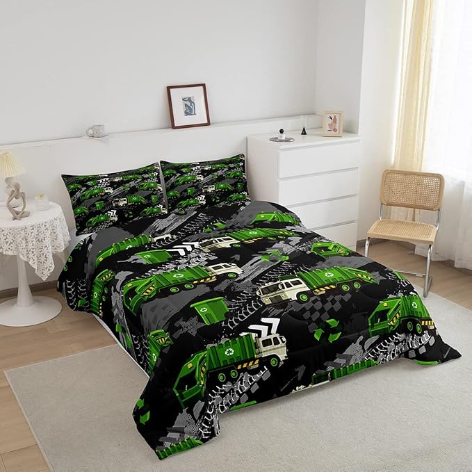 Garbage Truck Full Size Comforter Set,Hippie Tire Print Bedding Sets Youth Teens,Powered Waste Management Brushed Microfiber Soft Bedding Comforter