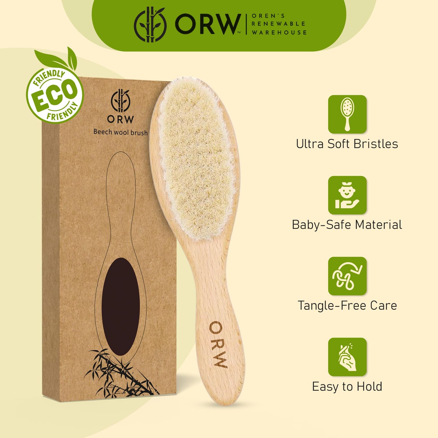 ORW OREN’S Baby Hair Brush - Perfect for Newborn, Toddlers, Infants, Girls & Boys - Beechwood Handle & Goat Hair White Bristle Brush for Gentle Scalp Grooming, Cradle Cap Relief