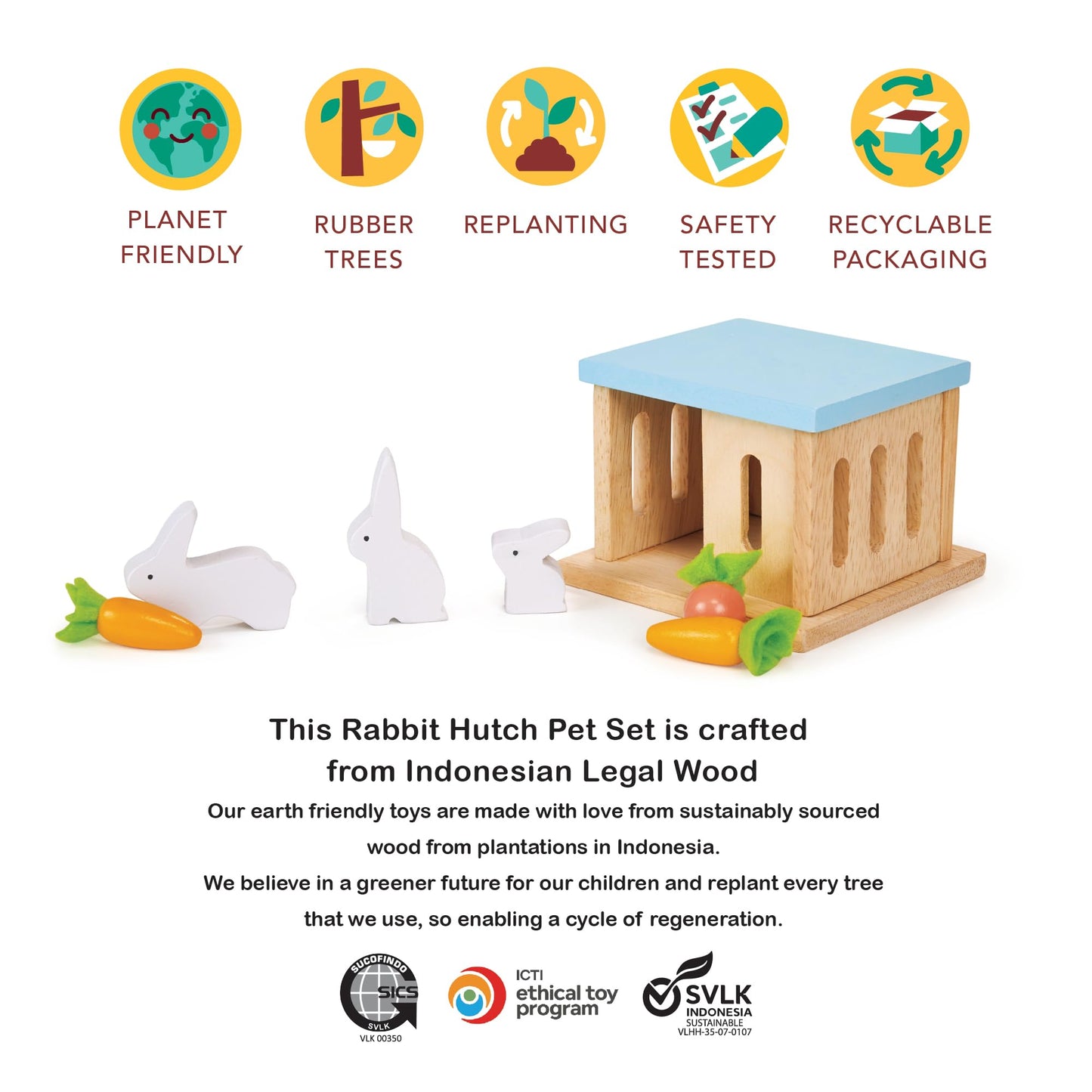 Mentari Toys - Rabbit Hutch Pet Set - 7pc Wooden Bunny Family with House and Play Food - Dollhouse Accessory - Perfectly Sized for Dollhouses - Encourages Imaginative Play and Animal Care - Age 3+