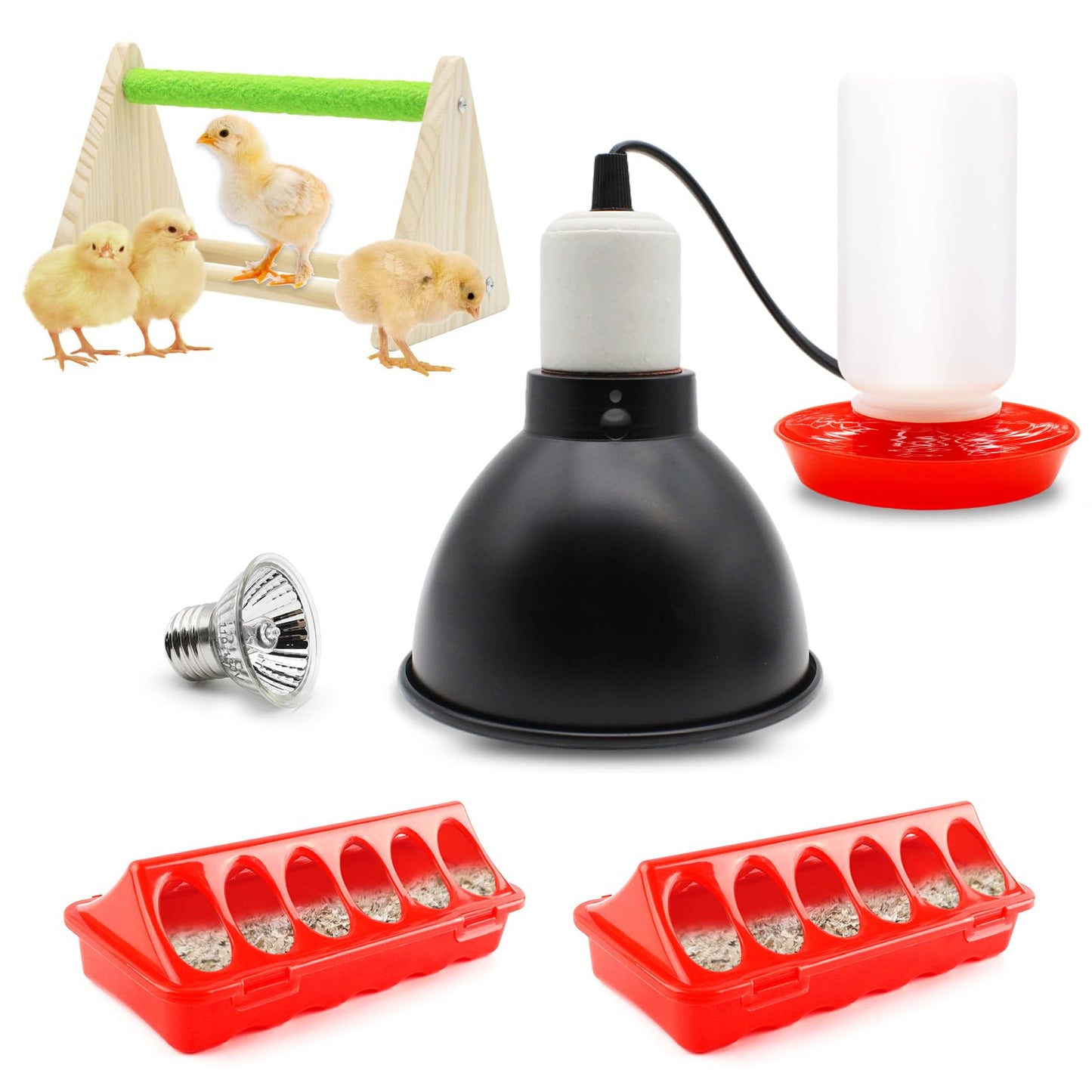 GIFANK Chick Feeder and Waterer Kit with 75W Heat Lamp, Chick Perch, Flip Top Poultry Feeder, Baby Chick Starter Kit for Chick Brooder, Baby Chicken Supplies for Baby Chick, Duck and Quail