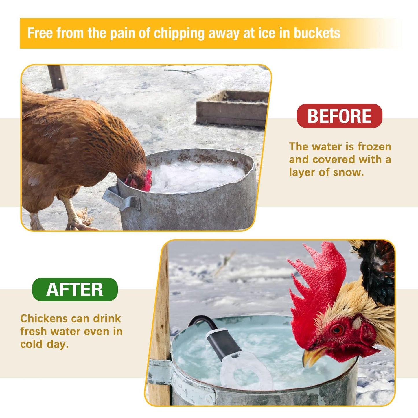 comincia 150W Heated Chicken Waterer, Chicken Water Heater for Poultry Waterer Winter, Cast Aluminum Submersible Deicer,Heated Bird Bath with Thermostat for Duck Goose Cow Livestock