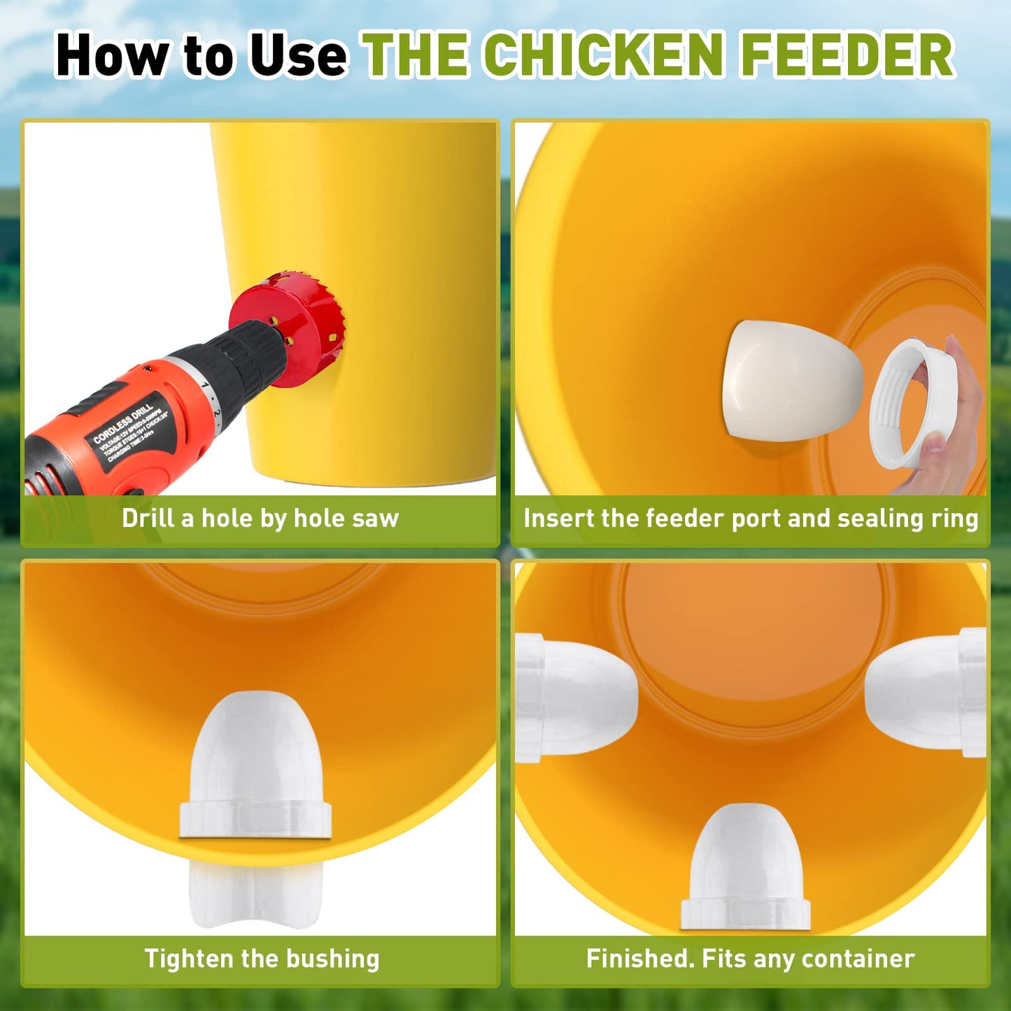 12 Pcs DIY Chicken Feeder Kit and 12 Pcs Chicken Water Cup Kit, Gravity Chicken Waterer Cup and Automatic Chicken Feeder Port Kit with Hole Saw, Poultry Feeder No Waste for Chicken Duck Bird Quail
