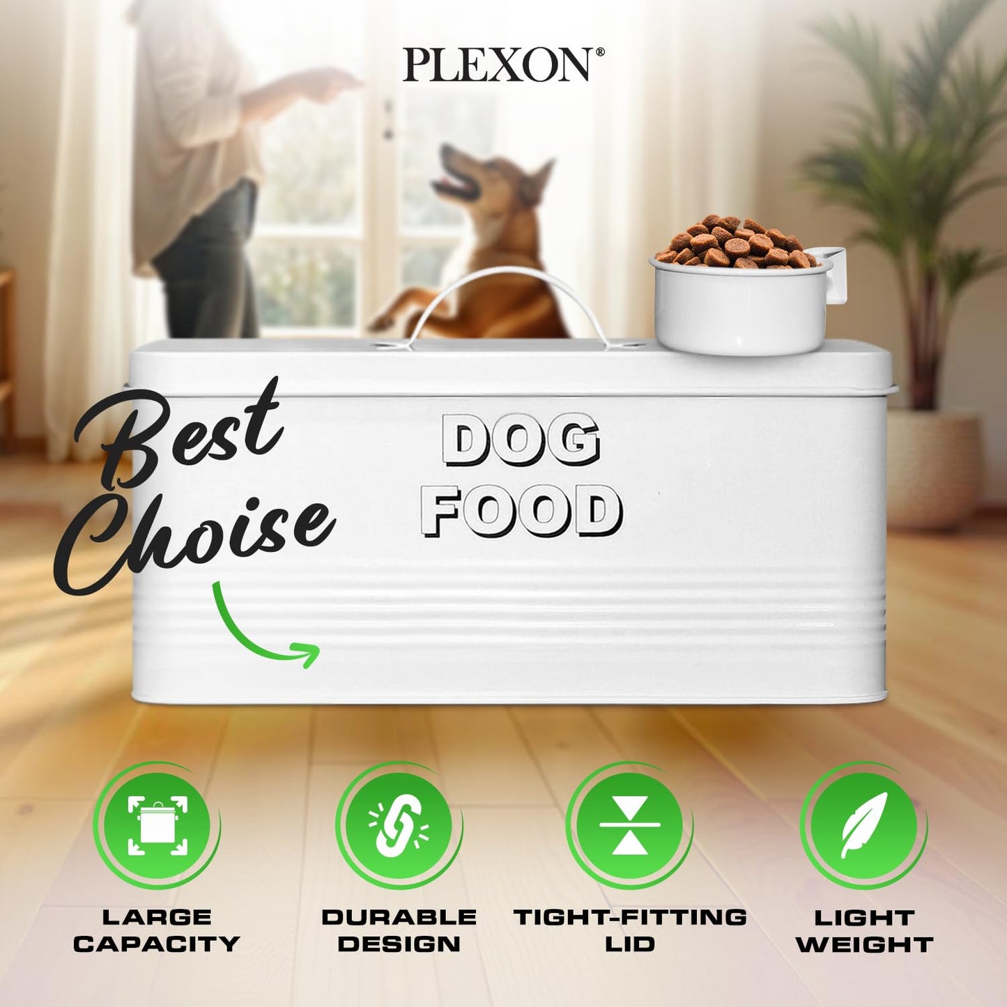 Plexon Dog Food Storage Container with Scoop, Metal Dog Food Container 10 lbs Holder Bin with Lid Small Pet Chow Storage Canister Tin, Treat Jars for Pets, 2 Gallons, White