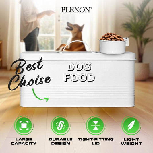 Plexon Dog Food Storage Container with Scoop, Metal Dog Food Container 10 lbs Holder Bin with Lid Small Pet Chow Storage Canister Tin, Treat Jars for Pets, 2 Gallons, White