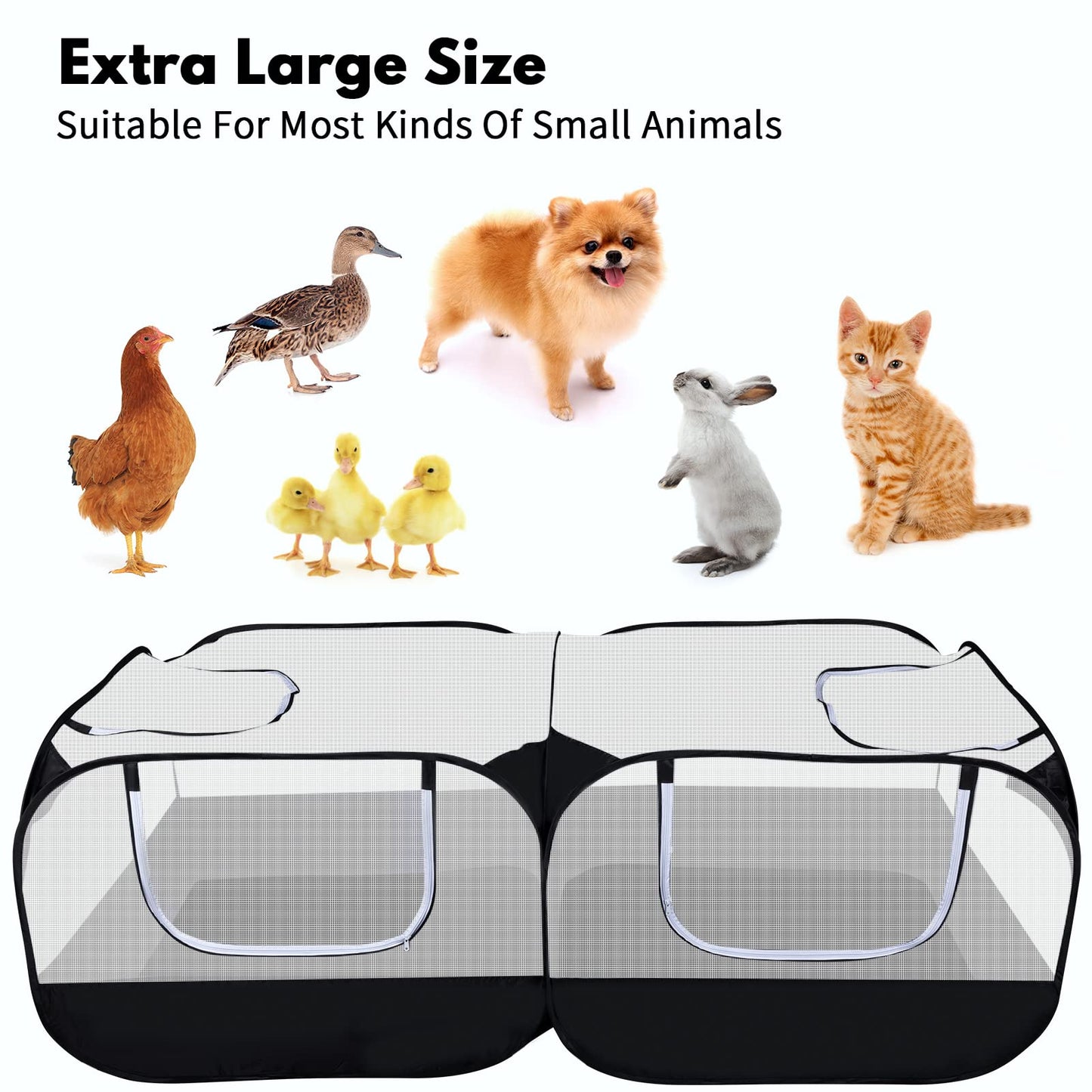 Small Animal Playpen, Portable Chicken Run Coop with Detachable Bottom and Breathable Mesh Walls, Foldable Pet Enclosure for Puppy Kitten Rabbits, Pet Tent Indoor Outdoor