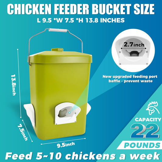 Loyala Automatic Chicken Feeder and Waterer Set 3 Gallon/25 Pounds No Waste Poultry Feeder Rain Proof Large Chicken Feeders Chicken Coop Accessories (Grass Green and White)
