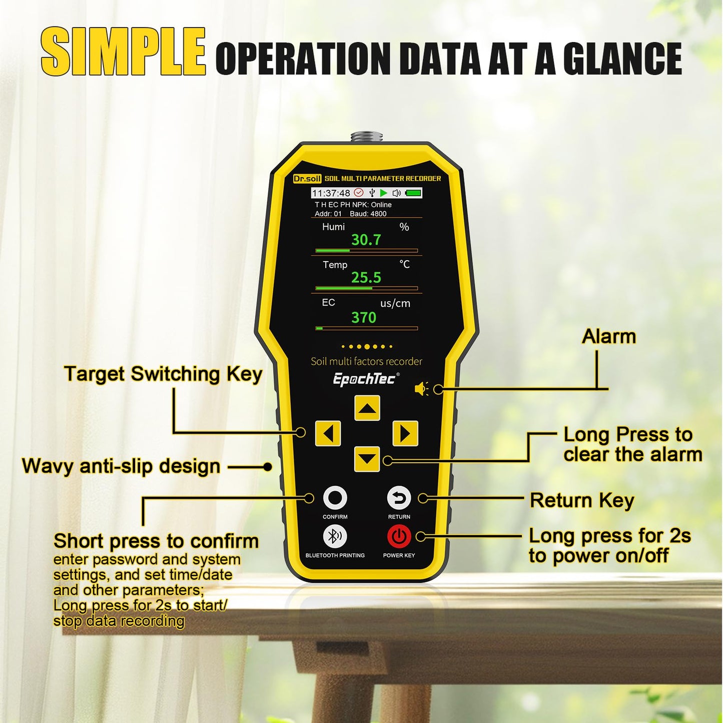 EpochTec 7 in 1 Soil Tester, ±1% High Precision Digital NPK Tester/Soil Moisture Meter/PH Tester/Temperature/EC Monitor for Agriculture, Plant Cultivation, Geological Survey with Data Storage & Export