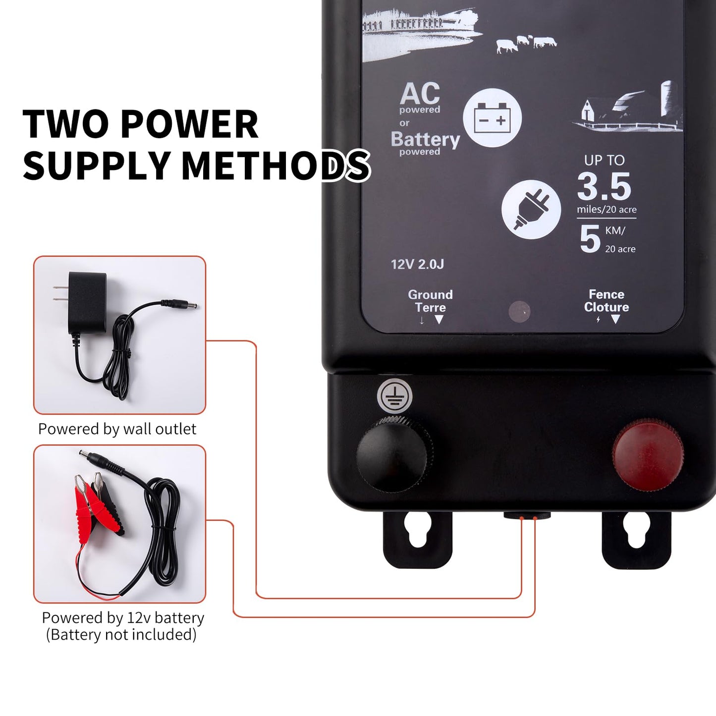 2025 New Tech 2 in 1 Electric Fence Energizer Charger Plug-in & 12V Battery, Waterproof & Safe Wide Coverage Energizer for Farms, Suburban Homes, Gardens, Livestock, Pets & More