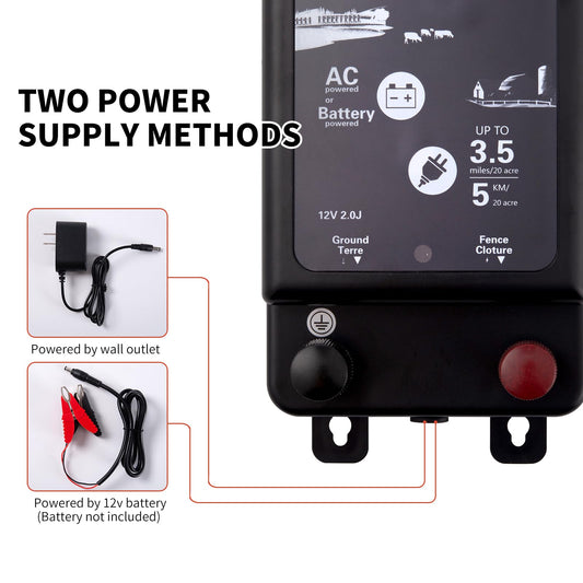 2025 New Tech 2 in 1 Electric Fence Energizer Charger Plug-in & 12V Battery, Waterproof & Safe Wide Coverage Energizer for Farms, Suburban Homes, Gardens, Livestock, Pets & More