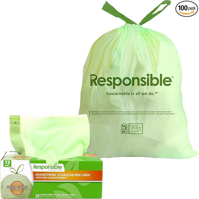 Kitchen Bin Liners, Certified Compostable, Heavy Duty Multipurpose Food Scrap Bags, Made from Compostable Materials (13 Gallon Drawstring, 13 Gallon (24 Count))