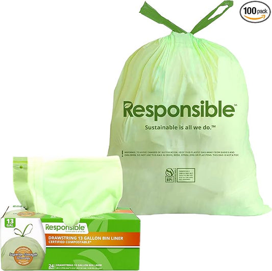 Kitchen Bin Liners, Certified Compostable, Heavy Duty Multipurpose Food Scrap Bags, Made from Compostable Materials (13 Gallon Drawstring, 13 Gallon (24 Count))