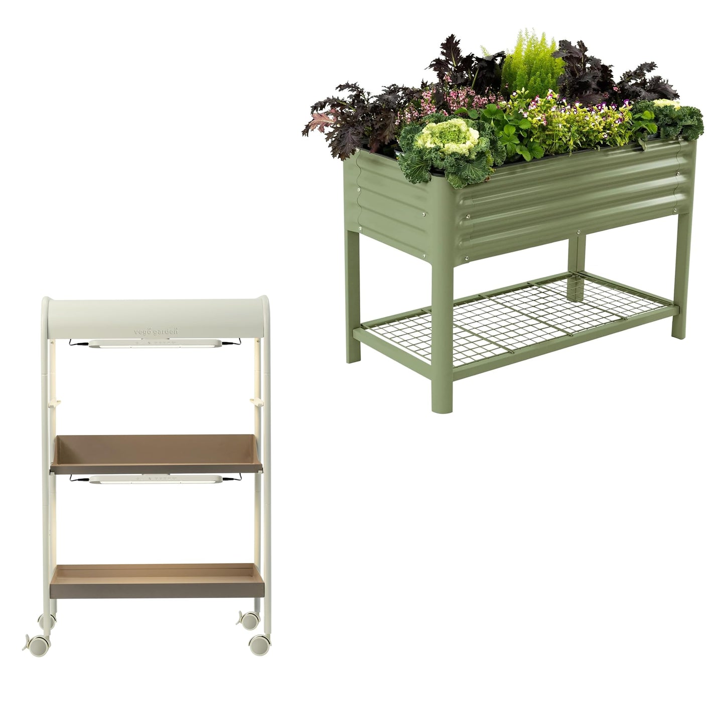 32" Elevated Raised Garden Bed & 2-Tiered Plant Stand Indoor with Grow Lights