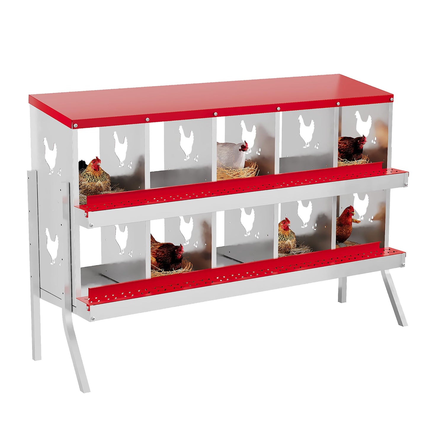 10 Hole Chicken Nesting Box - Galvanized Steel Roll Out Egg Collection with Vented Design | Rustproof Laying Boxes for Hens | Poultry Coop Accessories for Egg Layers, Red with Stand