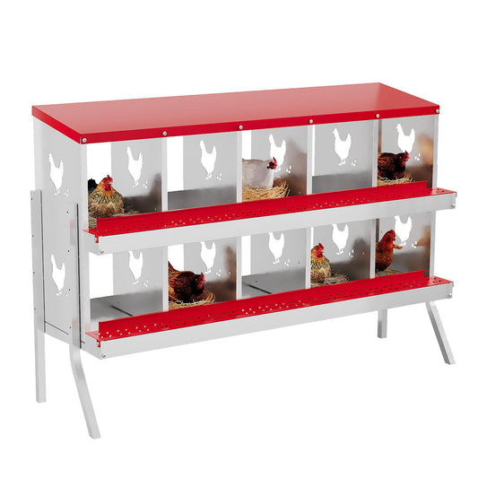 10 Hole Chicken Nesting Box - Galvanized Steel Roll Out Egg Collection with Vented Design | Rustproof Laying Boxes for Hens | Poultry Coop Accessories for Egg Layers, Red with Stand