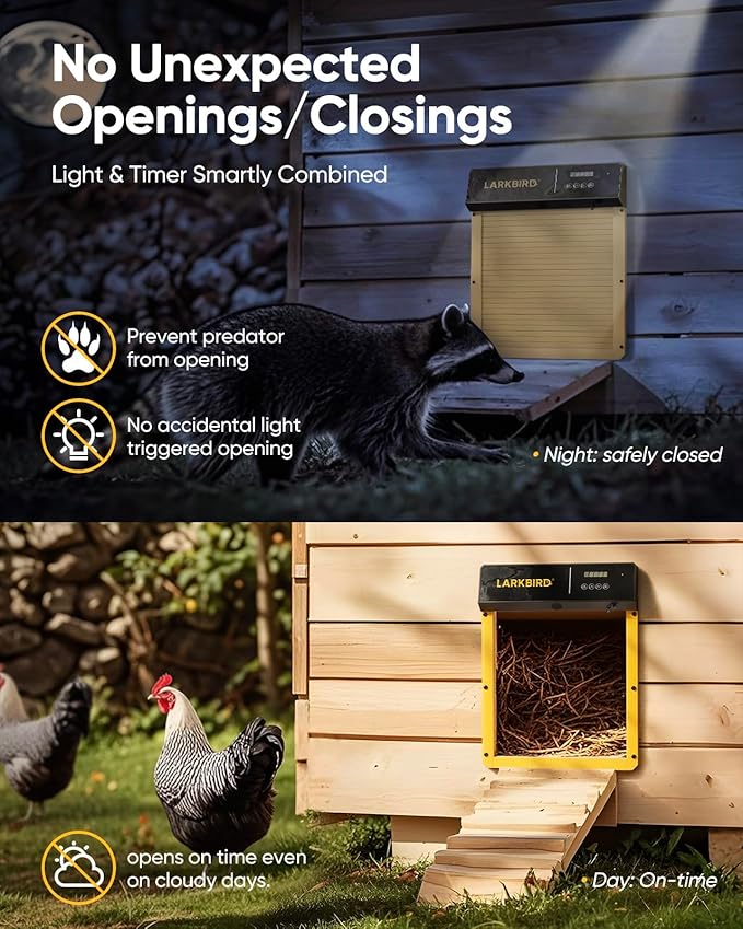 LARKBIRD Automatic Chicken Coop Door with Audio Recall Function, Solar Chicken Coop Door with Timer & Light Sensor, App Control Chicken Door with Anti-Pinch System (Yellow)