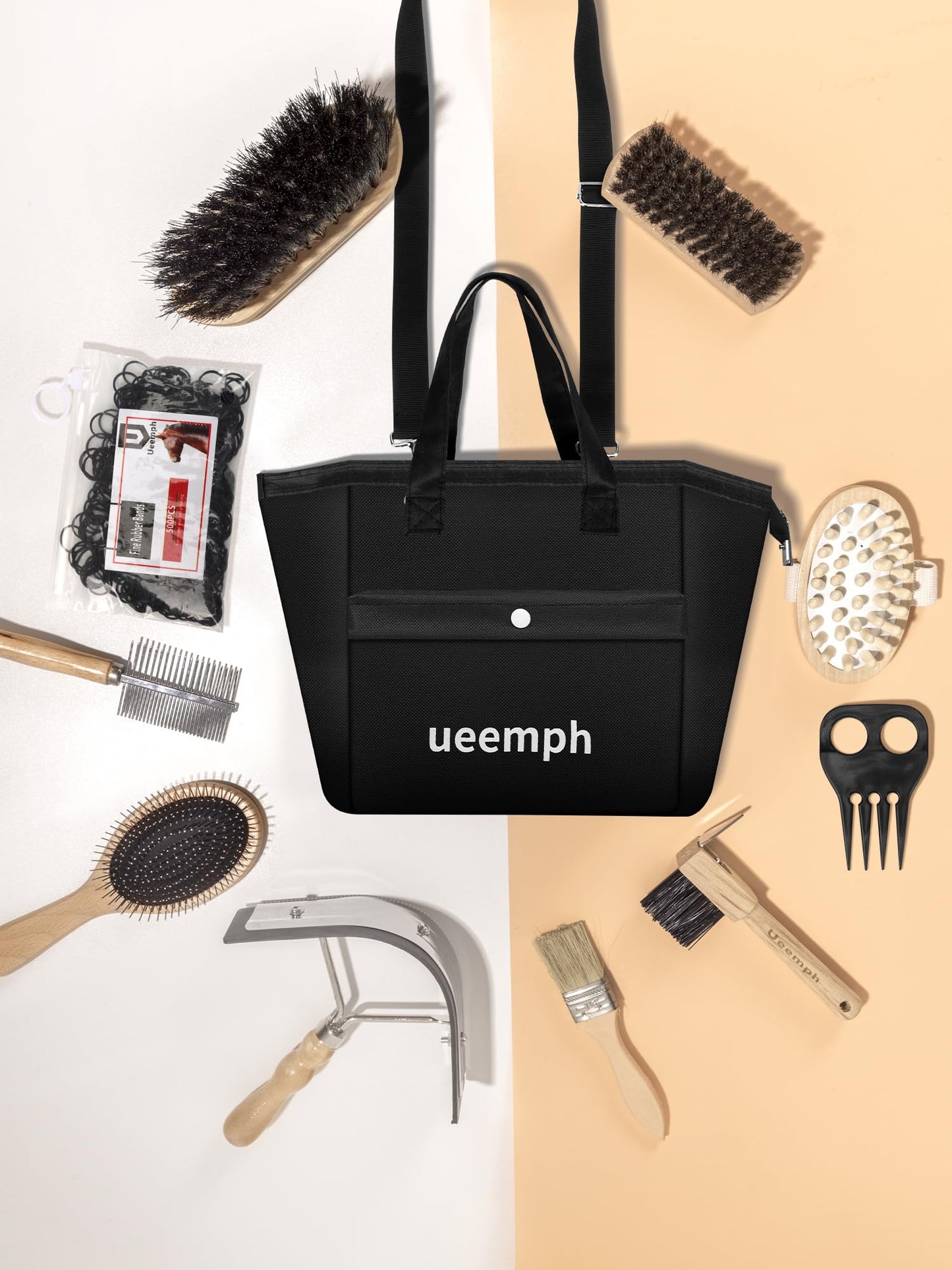 Ueemph Horse Grooming Kit (12-Piece): Brushes, Storage Bag, Sweat Scraper, Mane Comb, Grooming Gloves, Horse Gift for Girls (Black)