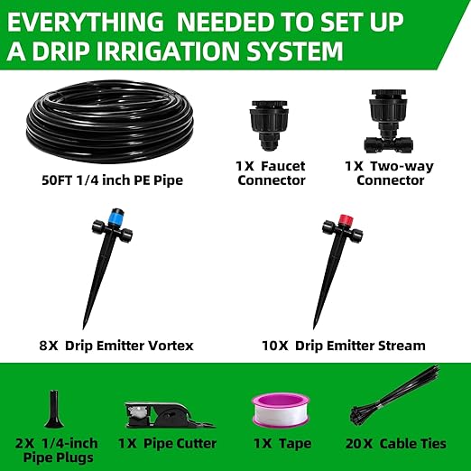 82FT Drip Irrigation System, 2025 Quick Connector Garden Irrigation System, Adjustable Nozzle, Garden Watering System with 1/4 '' Pipe, Garden, Vegetable, Greenhouse, Lawn Sprinkler