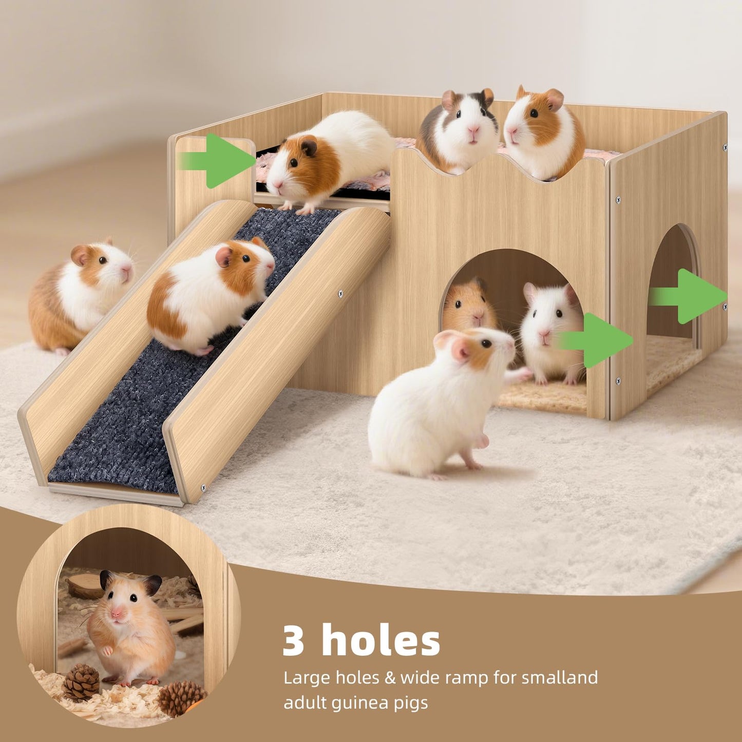 Large Guinea Pig Castle, Sturdy Wooden Small Animal Bed Platform, Upgraded Wooden Guinea Pig Castle with Anti-Slip Stairs, Easy to Assemble, Perfect for Hamsters and Rabbits to Play and Hide