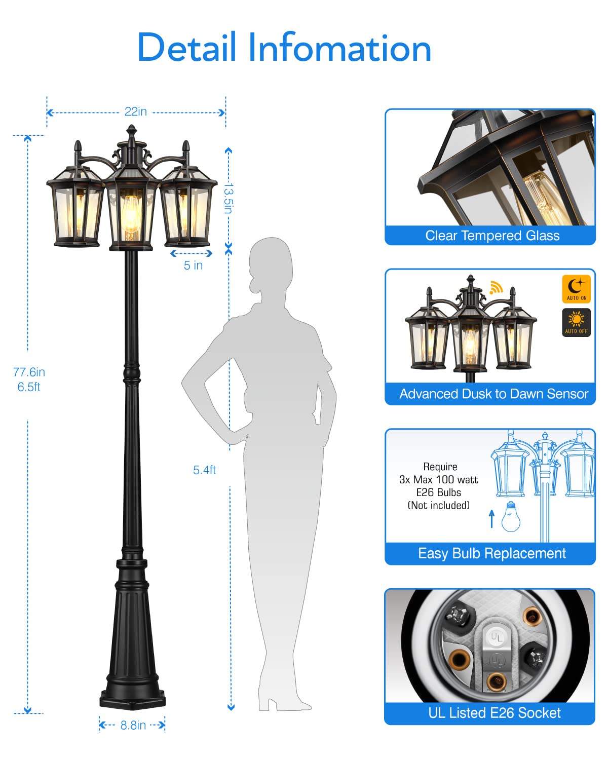 VIANIS Outdoor Lamp Post Light with Outlet 3-Head, Anti-Rust Lamp Posts Outdoor Lighting Dusk to Dawn, Waterproof Street Light Pole for Garden, House, Doorway, Weather Resistant