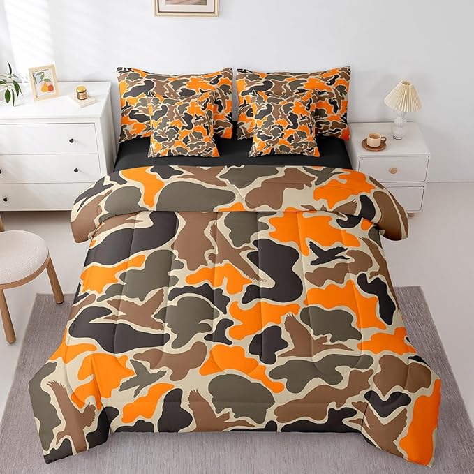 Feelyou Duck Hunter Orange Camouflage Hunting 7 Pieces Bedding Set, Twin Size Black Brown All Season,Bed in a Bag with Comforter, Sheets, Pillowcases Camo Army Bed Set Breathable Wild Room Decor
