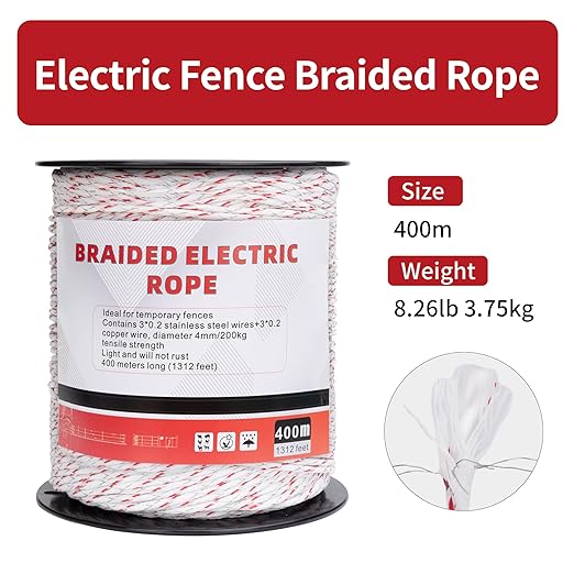 Electric Fence Turbo Wire,6 Braided Copper and stainlee Steel Providing 4X More Conductivity Than polywire,1312Feet Strength 200kg,4mm Diameter, Electric Fence Braided Rope for Horse Fencing