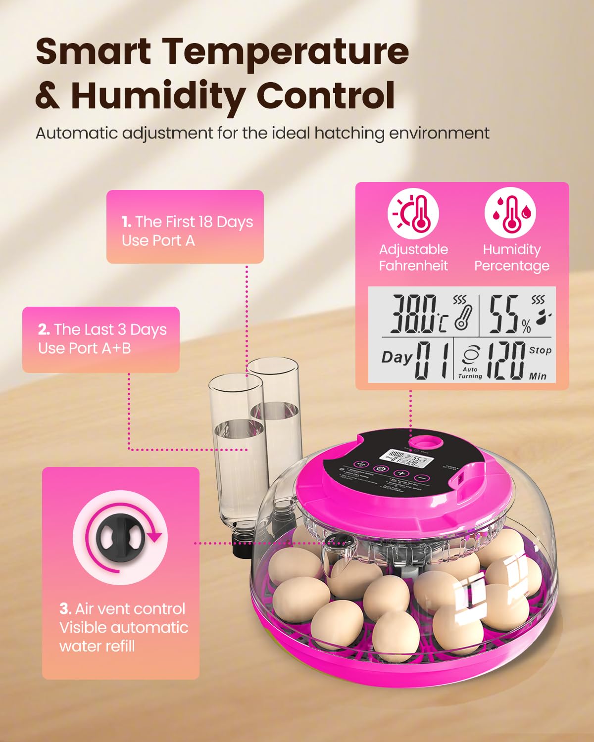 Incubator for Hatching Eggs, 18 Eggs Capacity, Incubators with Egg Candler, Automatic Egg Turner, Temperature & Humidity Control, Full Viewing for Chicken, Duck, Quail, Goose, Parrot, Pigeon