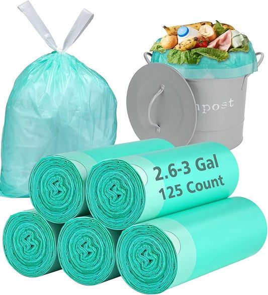 AYOTEE 3 Gallon Trash Bags with Drawstring, Biodegradable 2.6 Gallon Compostable Garbage Bags (125 Counts), Compostable Small Trash Bag,Small Garbage Bag for Bathroom，Bedroom, Kitchen