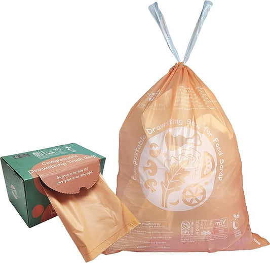 Compostable Trash Bags 4 Gallon, Drawstring Bin Bags, Heavy Duty Waste Bags, Extra Thick, Certified US BPI ASTM D6400, 15.12 Liter, 45 Counts