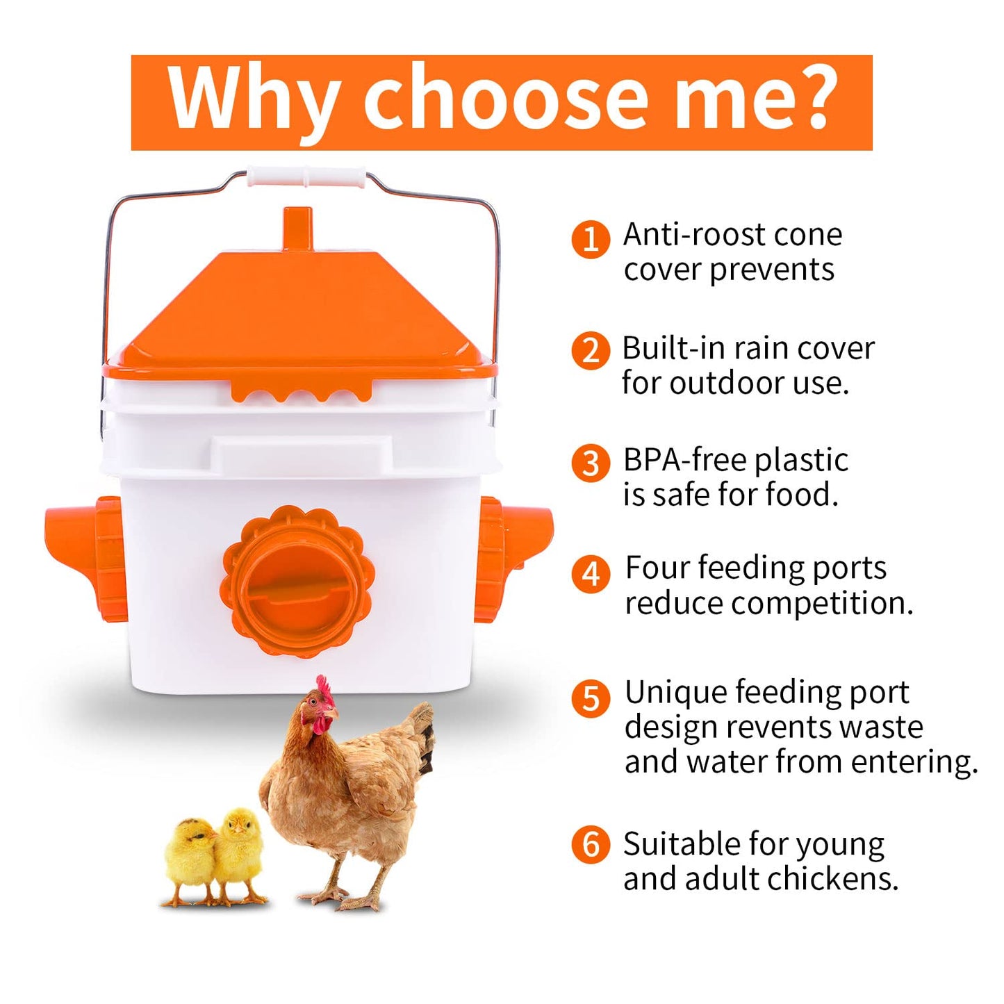 GUEOQTC-10 Pounds Chicken Feeder with 4 Ports, Rainproof Poultry Feeder for Up to 10 Adult Chickens or 15 Chicks（Patented Products）