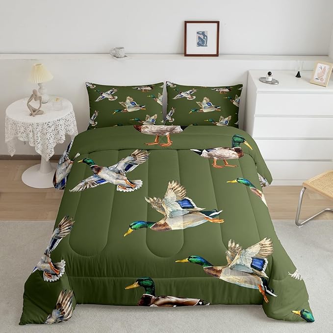 jejeloiu Cute Mallard Duck Comforter Set King Size Kids Wild Duck Hunting Comforter for Boys Teens Hunting and Fishing 3D Wild Animal Bedding Set Green Duvet Set Room Decor Quilt Set