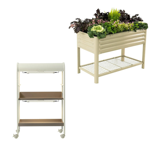 32" Elevated Raised Garden Bed & 2-Tiered Plant Stand Indoor with Grow Lights