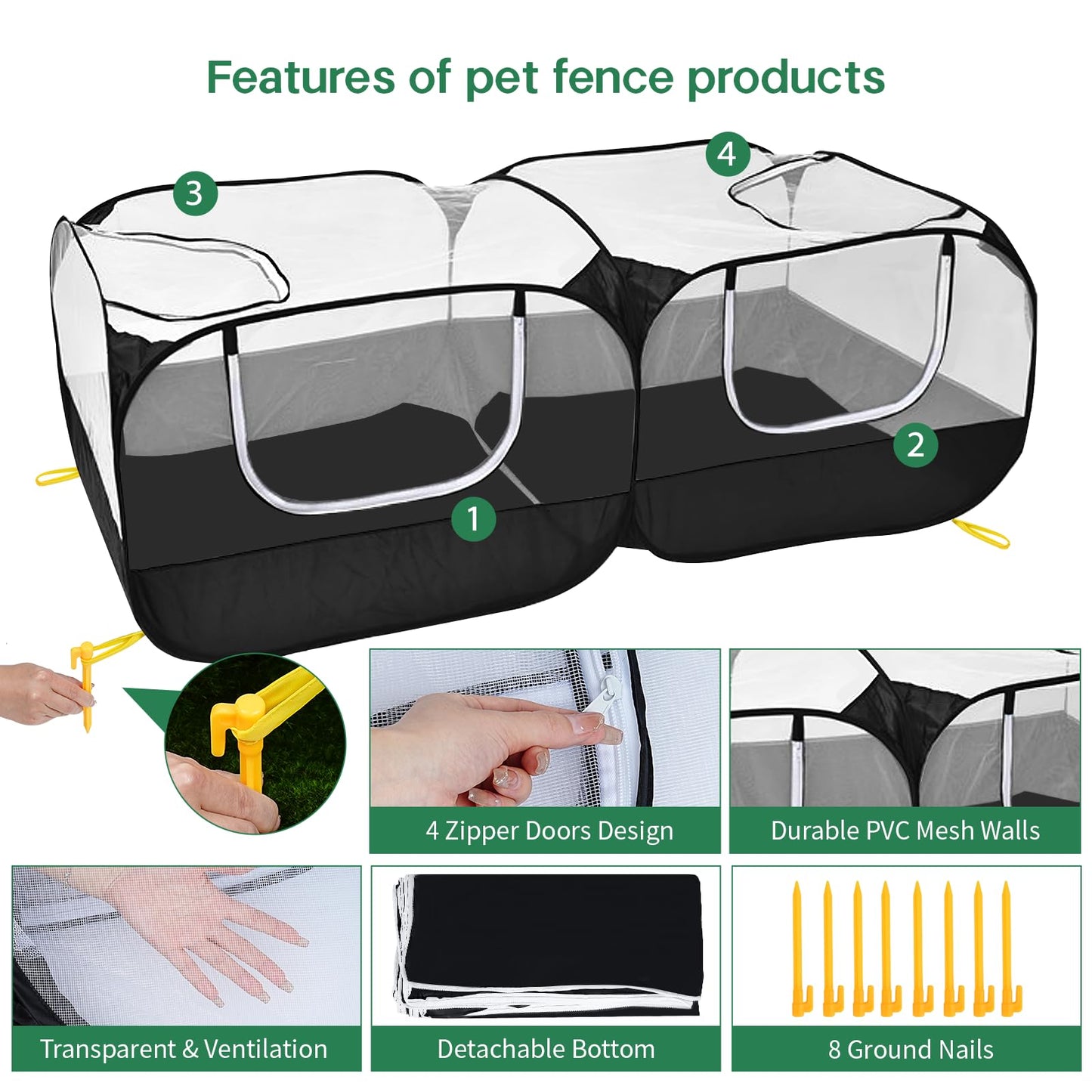 Jhua Pet Playpen for Small Animals, Portable Chicken Run with Detachable Bottom and Cover, Foldable Chicken Coop Indoor Outdoor Pet Pen with Transparent Mesh Walls for Chicken Duck Puppy Cat Rabbit