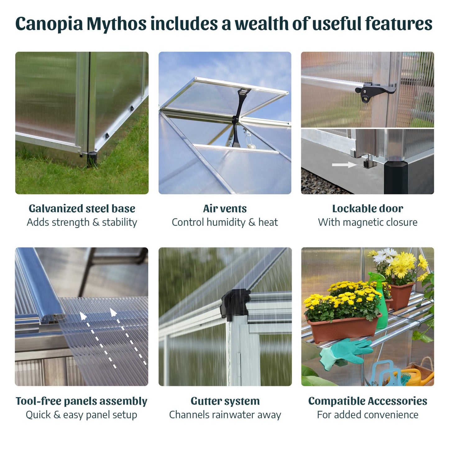 Canopia 6x6 Greenhouse Kit, Hobby Walk-In Twin-Wall UV Polycarbonate Heavy Duty Aluminum Frame, Lockable Door, Adjustable Roof Vent, Rain Gutters, Galvanized Steel Base, Mythos (Silver)