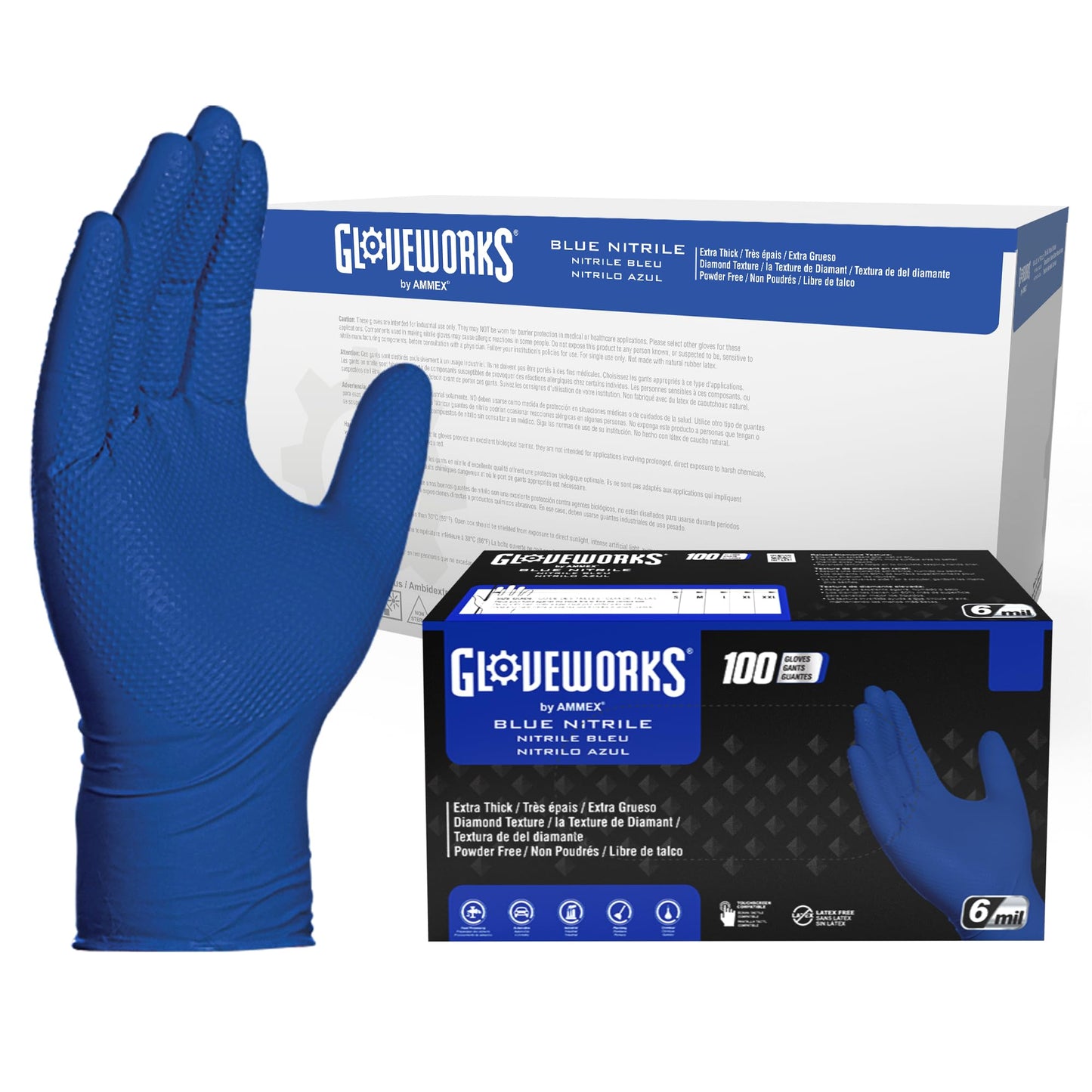 GLOVEWORKS HD Royal Blue Nitrile Industrial Disposable Gloves, 6 Mil Latex-Free Raised Diamond Texture, X-Large, Case of 1000