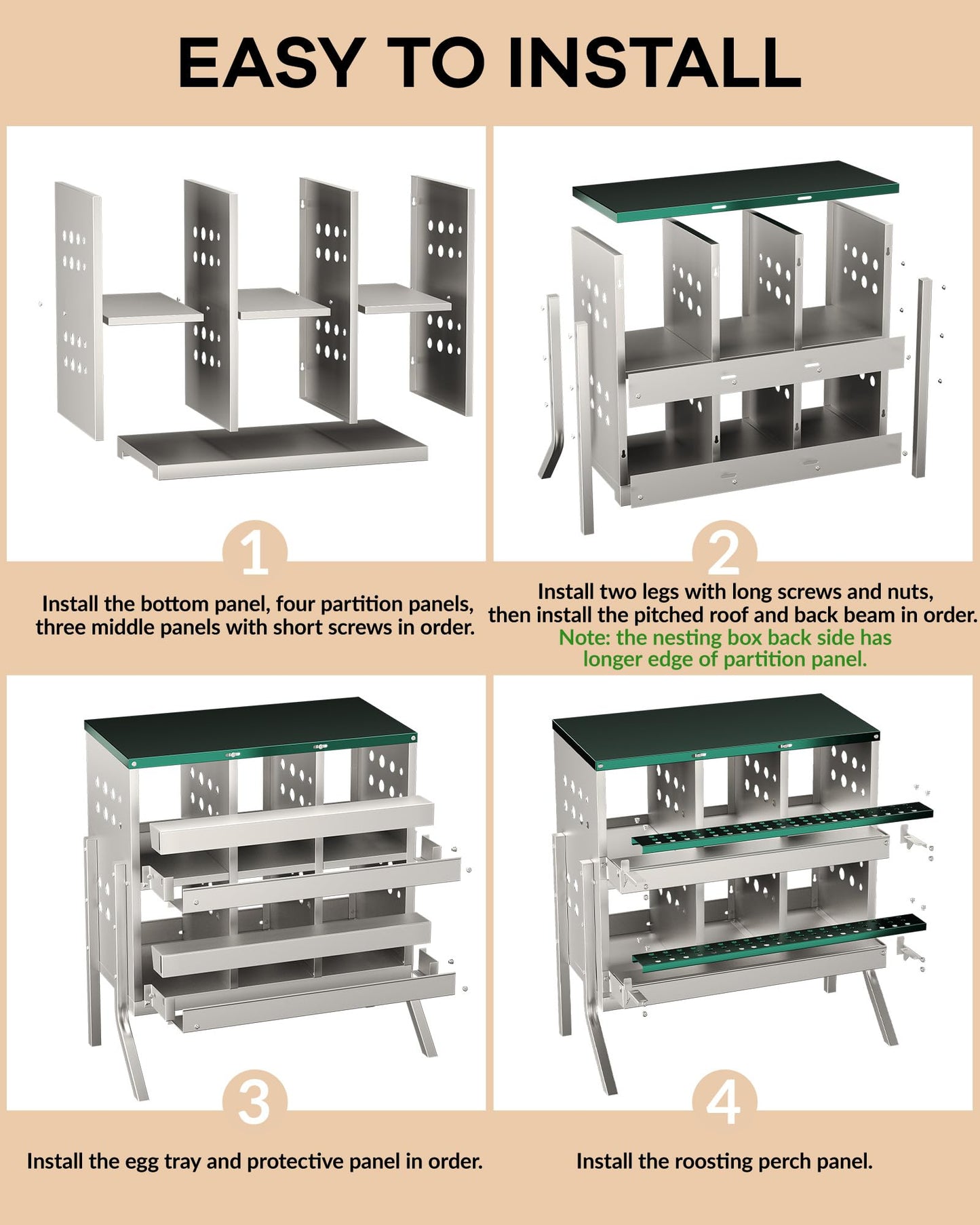 GarveeLife Wall-mountable Roll Away Metal Chicken Nesting Box for Laying Eggs, Rustproof Chicken Laying Boxes for Hens, Ventilated with Perch, Waterproof, 6 Compartments with Legs, Green