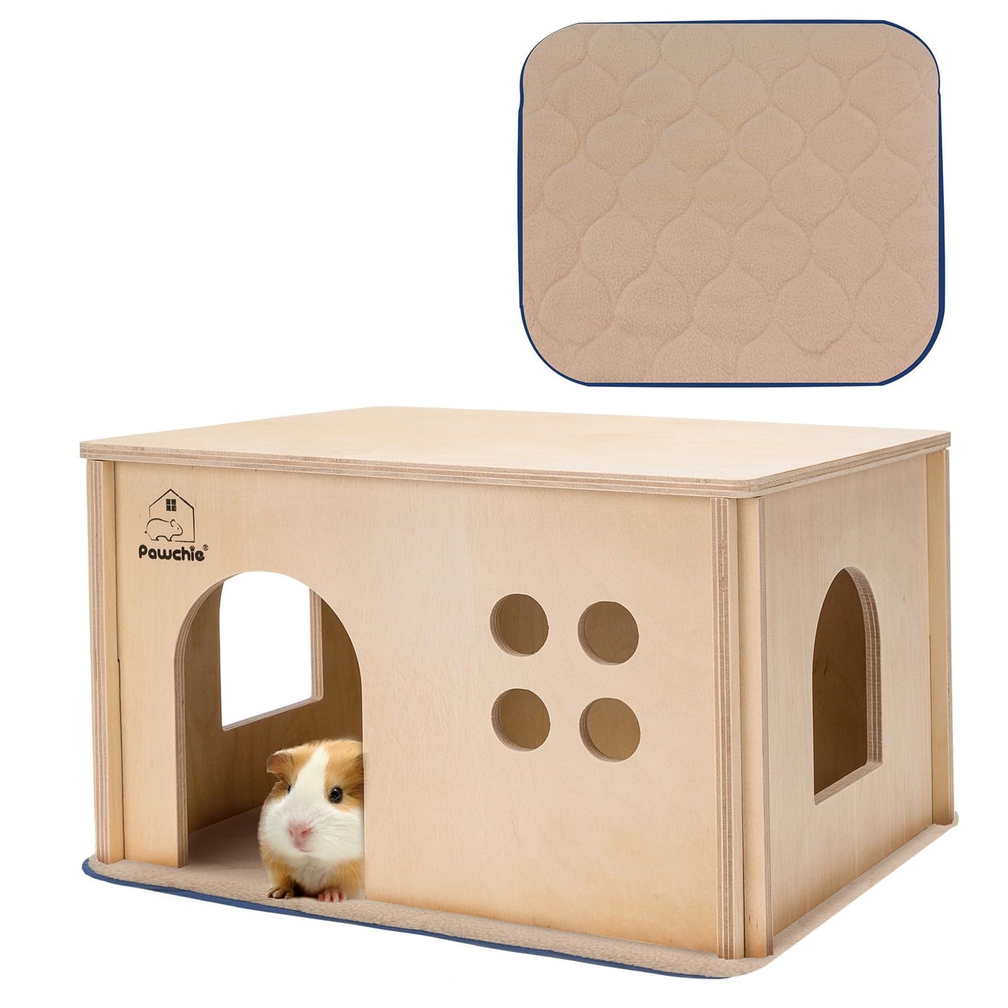 PAWCHIE Guinea Pig House Hide - Wooden Hideout for Chinchilla Small Animals, Habitat with Windows Guinea Pig Hamster Rat Living