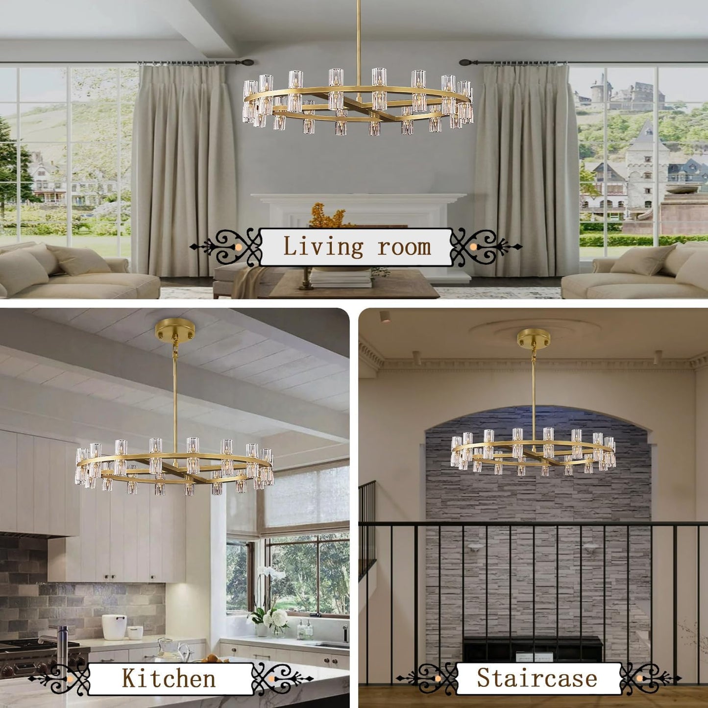Dia 32" Gold Wagon Wheel Chandelier, 32-Lights Farmhouse Pendant Light Fixture, Round Rustic Hanging Lighting for Dining Room Kitchen Island Foyer Entryway